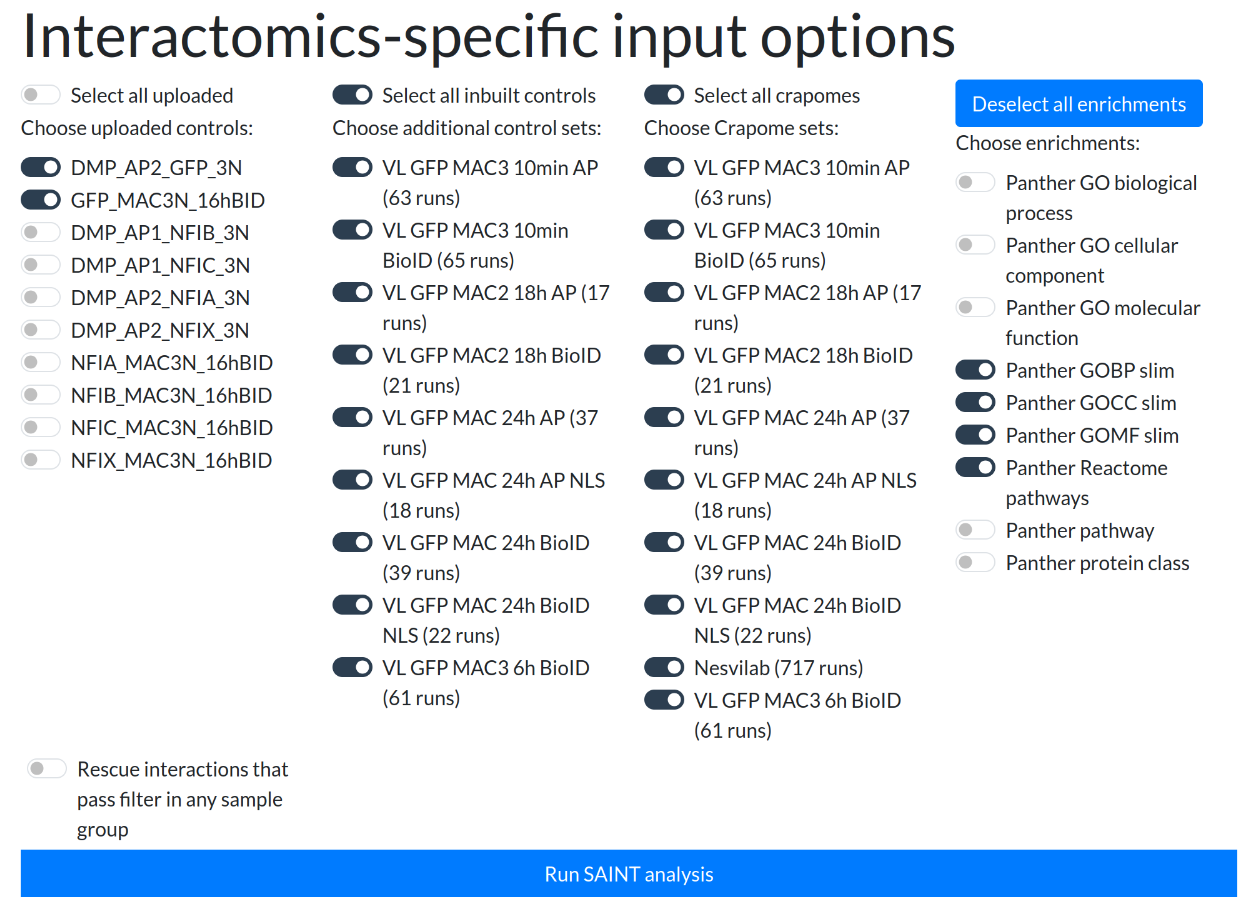 Interactomics input panel